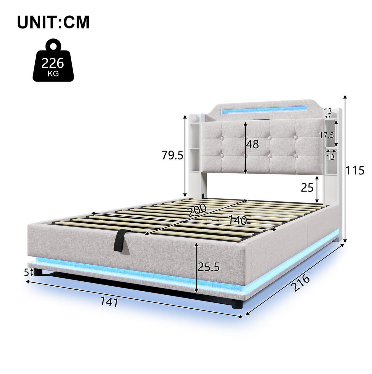 POLSTERBETT mit LED-Beleuchtung 140/200 cm in Beige mit Bettkasten & USB - Beige, Textil (140/200cm) - BEAOK