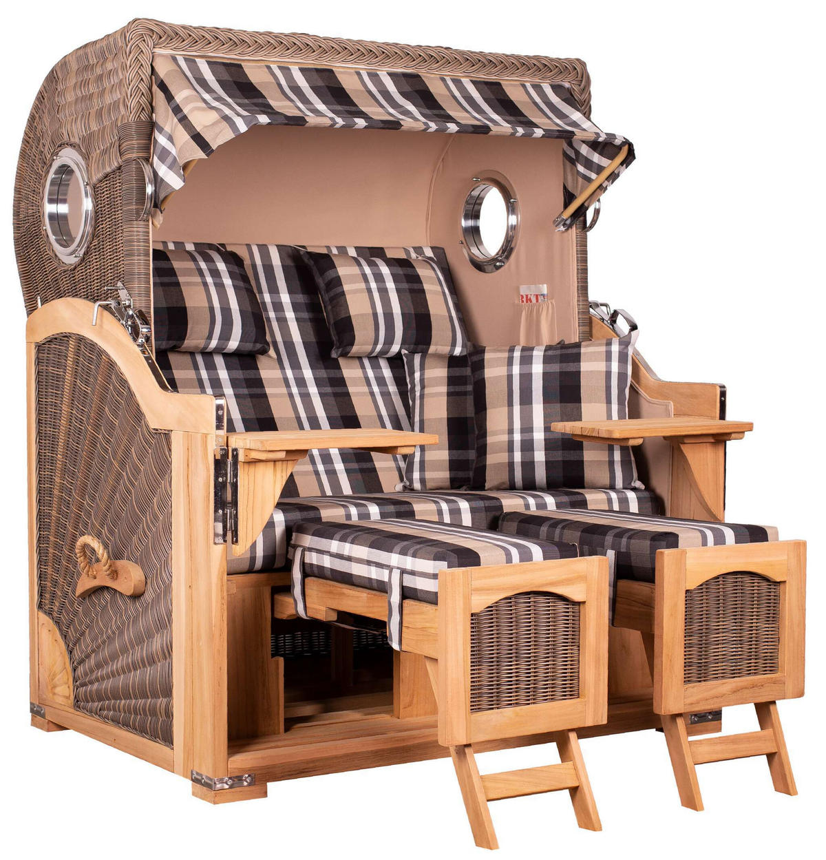 STRANDKORB Düne Grande Bullauge Teak PE Grey Dessin 583 - Braun/Grau, Metall (142/170/95cm) - Mr. Deko