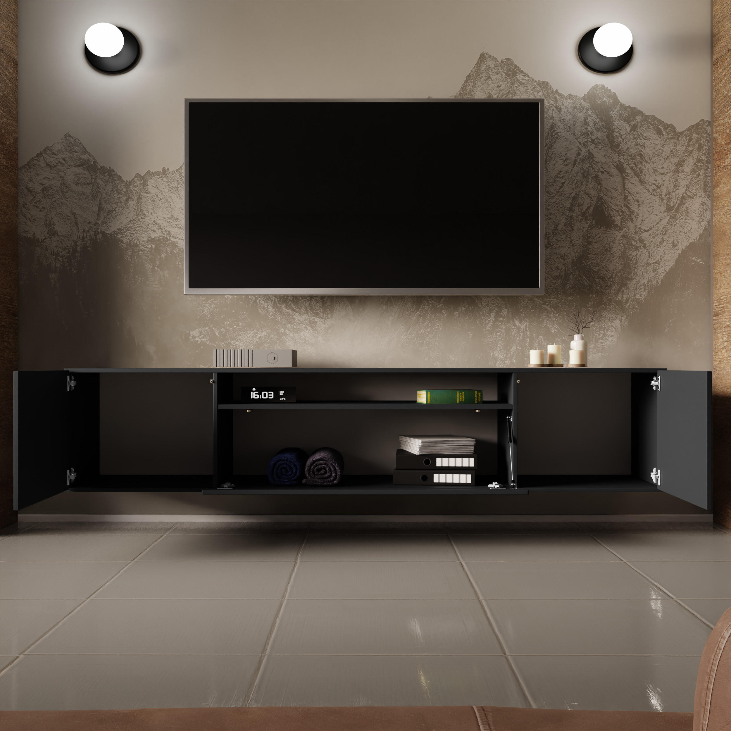 Thumbnail - Meblini Tv-Schrank, Graphit, Holzwerkstoff, 200x40x41 cm, Wohnzimmer, Wohnwände, Lowboards, Lowboards stehend