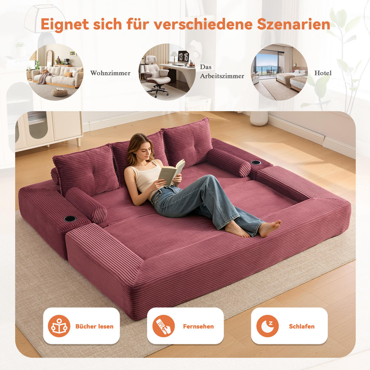 SCHLAFSOFA, 2-in-1 Klappsofa mit Getränkehalter, Modulares Bodensofa Cordstoff, Weinrot - Weinrot, Textil (232/80/98cm) - LVHOM