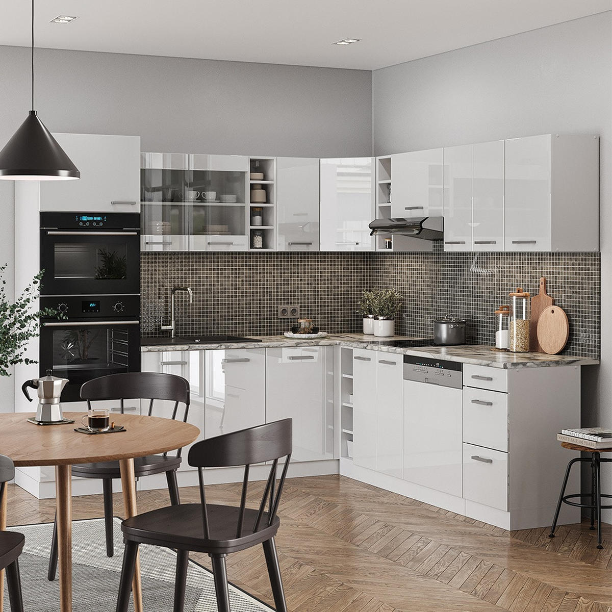 HÖRNKÖK R-Line, Vit högblank/Vit, 247 x 237 cm utan bänkskiva - Vit/Vit högglans, Träbaserade material (247/206.8/46cm) - Vicco