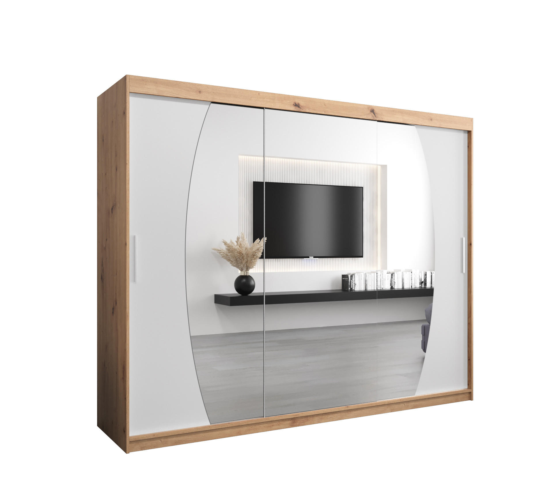 Abiks Möbel SCHWEBETÜRENSCHRANK Eiche Artisan, Weiß 250cm × 62cm × 200cm