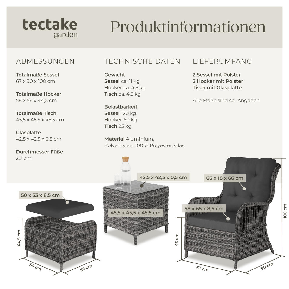 RATTAN SITZGRUPPE Benissa,mit Sicherheitsglasplatte,grau-meliert/grau - Grau, Kunststoff - tectake
