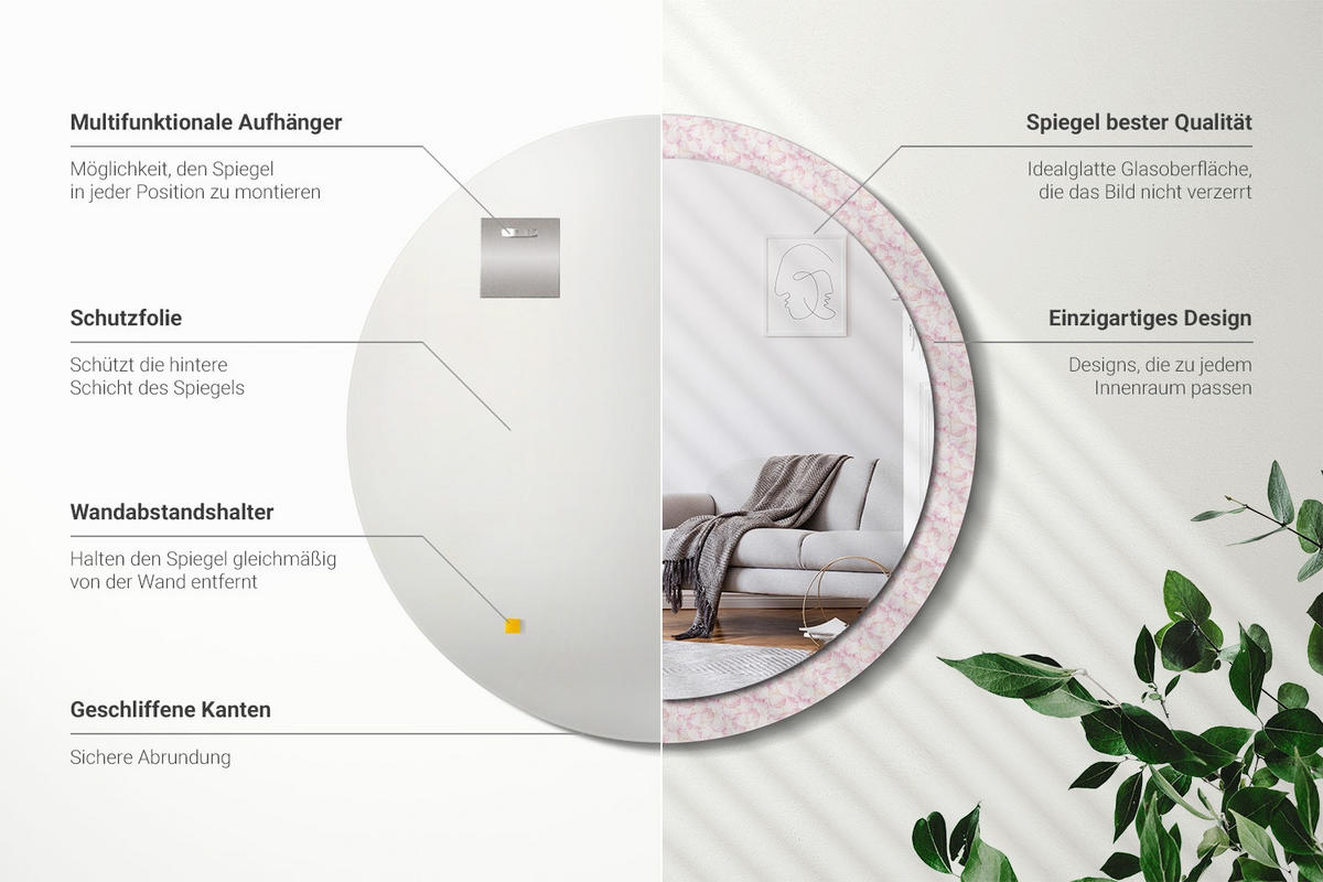 SPIEGEL Rund Ø 100 cm mit Aufdruck - Pink, Glas (100/100/0.4cm) - Wallfluent