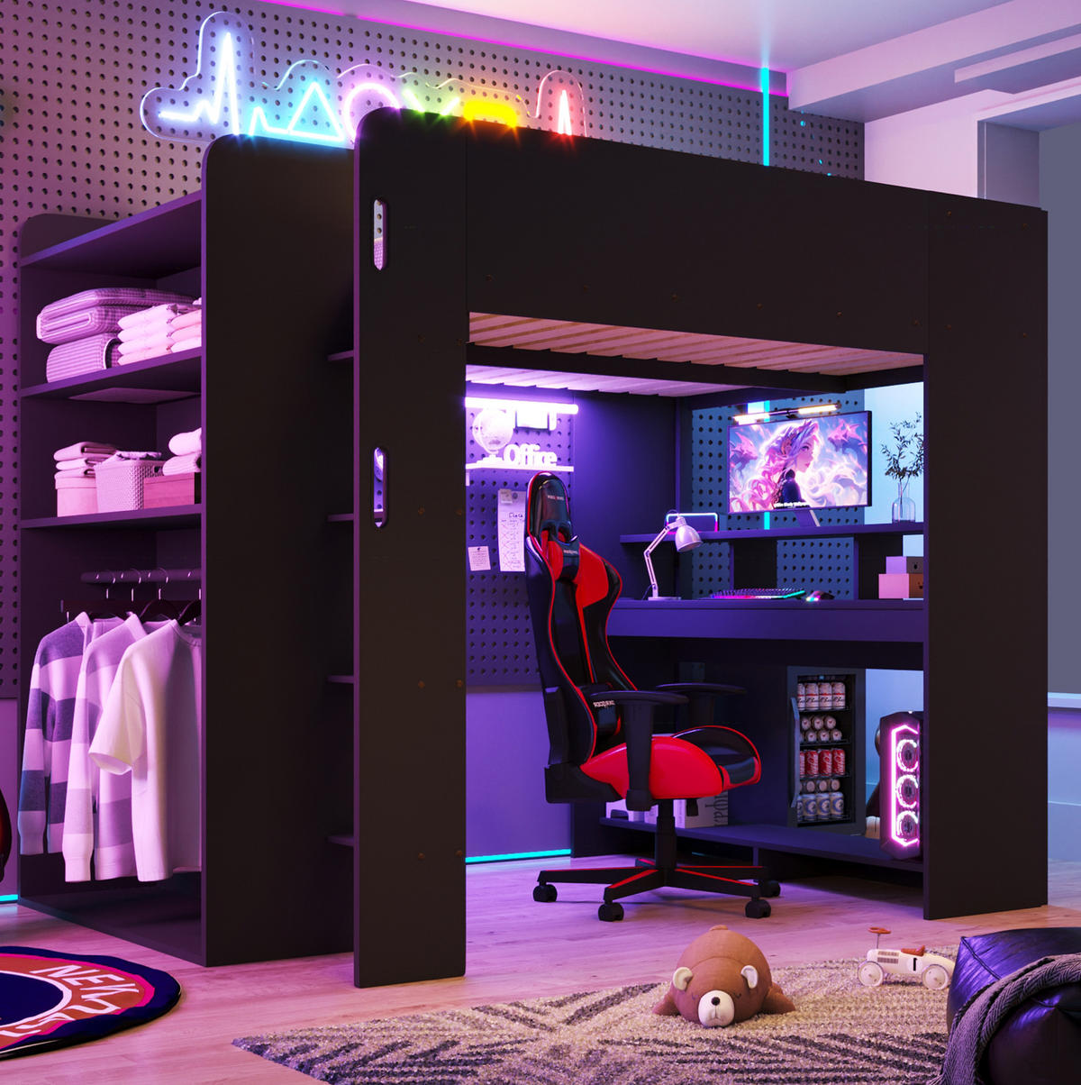 HOCHBETT aus MDF und Sperrholz 140x200 cm Schwarz mit Schreibtisch, Kleiderschrank und LED-Beleuchtung - Schwarz, Holzwerkstoff (140/200cm) - Modfu