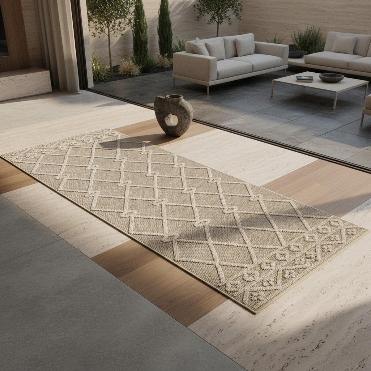 TEPPICH Outdoor Flachgewebe Berber-Muster Polypropylen Terrasse Beige Läufer 80x250 - Beige, Textil (80/250cm) - KADIMA DESIGN