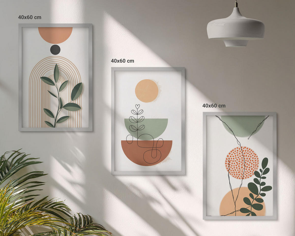 WANDBILDER 3er Set - 40x60 cm Silberner Rahmen - Abstrakte Pflanzenformen - Silberfarben, Kunststoff (40/60cm) - ArtPrintCave