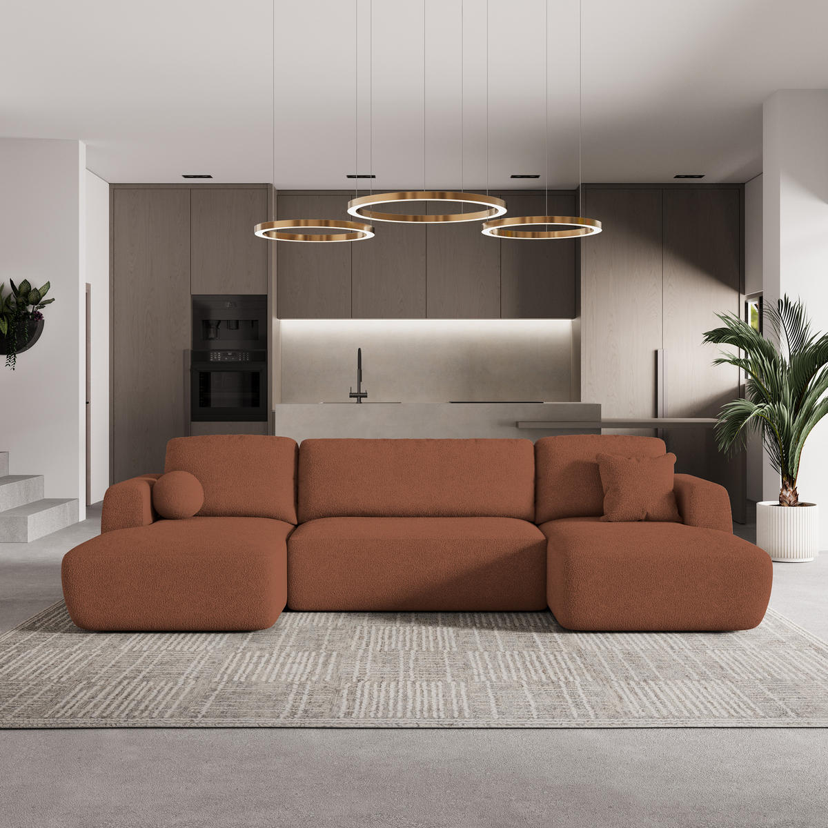 ROHOVÁ SEDAČKA SENTUM terakotová - černá/terakotová, dřevo/textil (330/148cm) - MASSENO