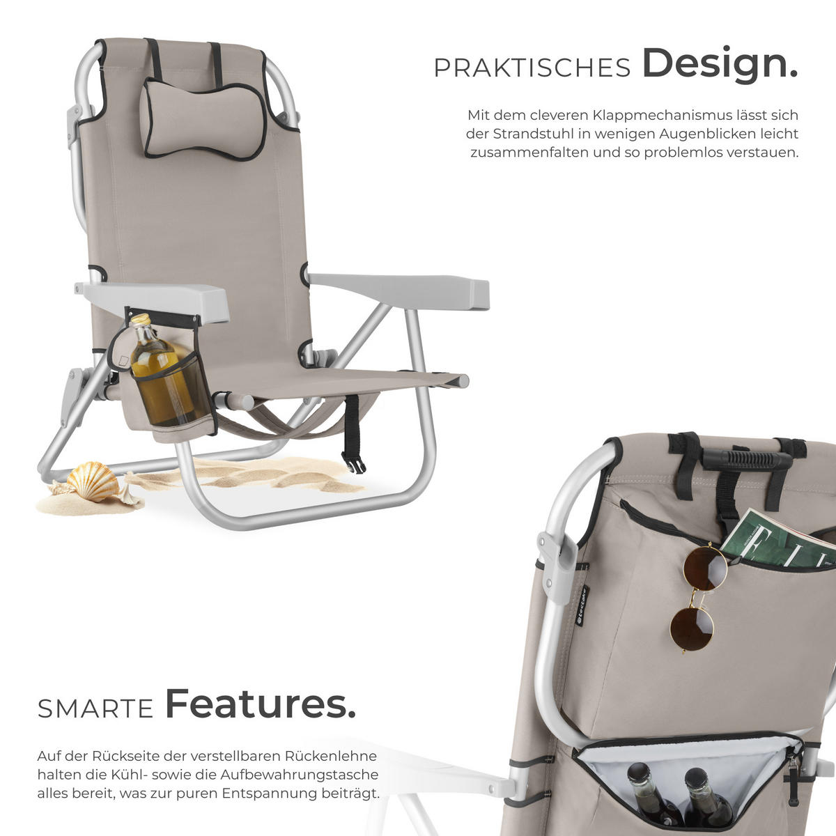 STRANDSTUHL Coral, rückseitige Kühltasche und Aufbewahrungstasche, beige - Beige, Kunststoff (63/78/101cm) - tectake