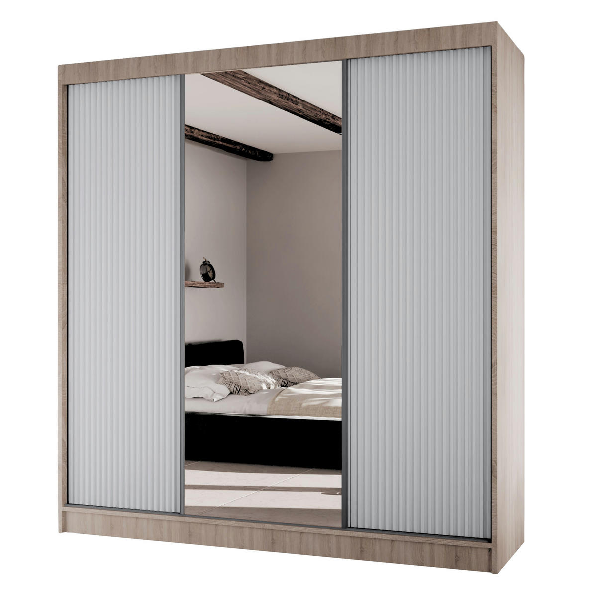 SCHWEBETÜRENSCHRANK Rafi mit Spiegel und mit geriffelten Fronten, 200 cm, eiche Sonoma+Weiß - Weiß/Sonoma Eiche, Holzwerkstoff (200/215/61cm) - AN-Moebel 4u