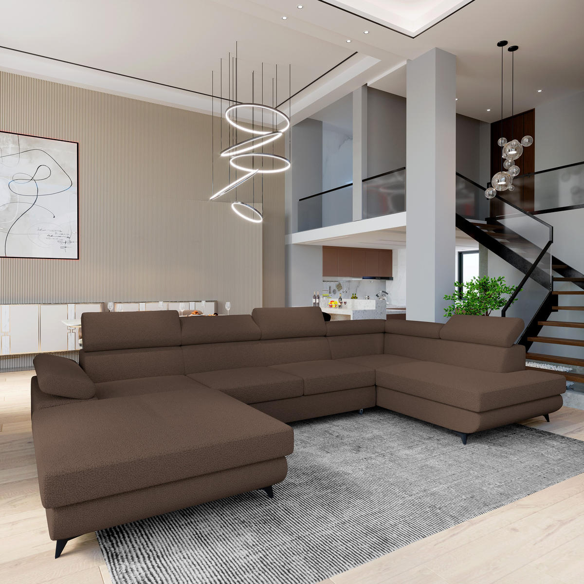 WOHNLANDSCHAFT RUBANO R-S Braun Boucle-Stoff mit Schlaffunktion - Braun, Holz (339/89/190cm) - MASSENO