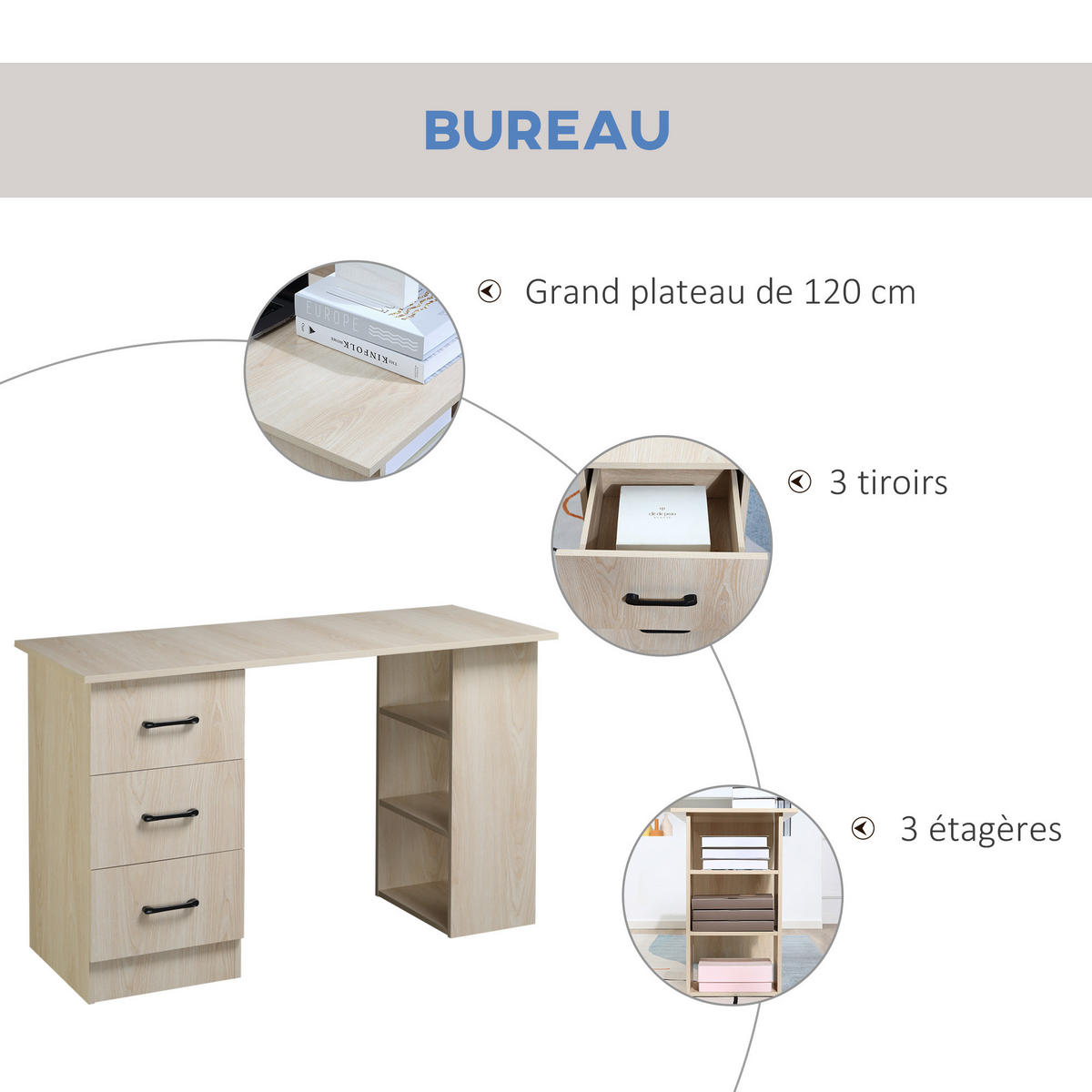 SCHREIBTISCH DE-14868 mit 3 Schubladen & 3 Regalböden Holzoptik - Naturfarben, Holzwerkstoff (120/49/72cm) - ComfortXL