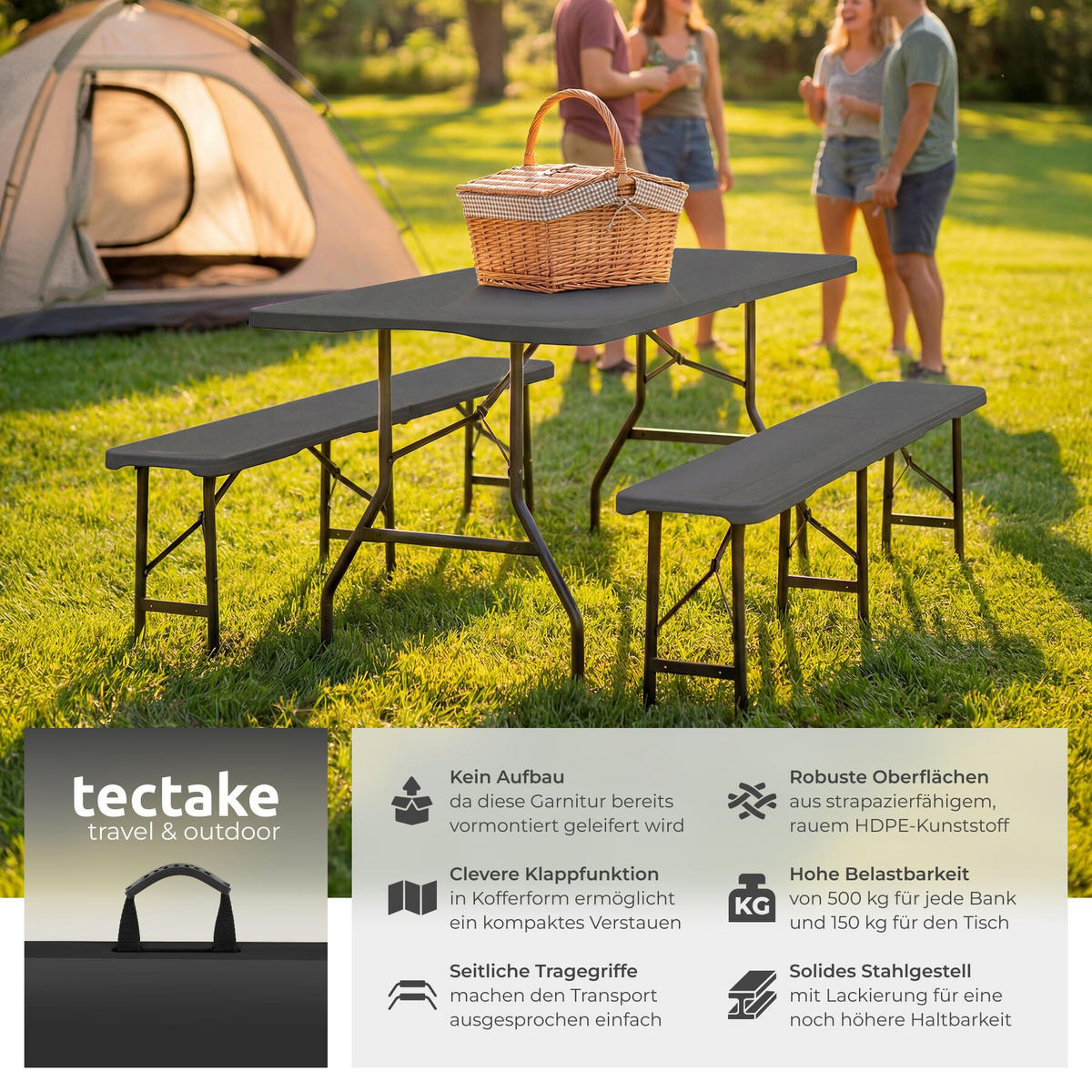 CAMPINGTISCHGARNITUR Panja, gummierte Tragegriffe, anthrazit - Anthrazit, Kunststoff (70/180/74cm) - tectake