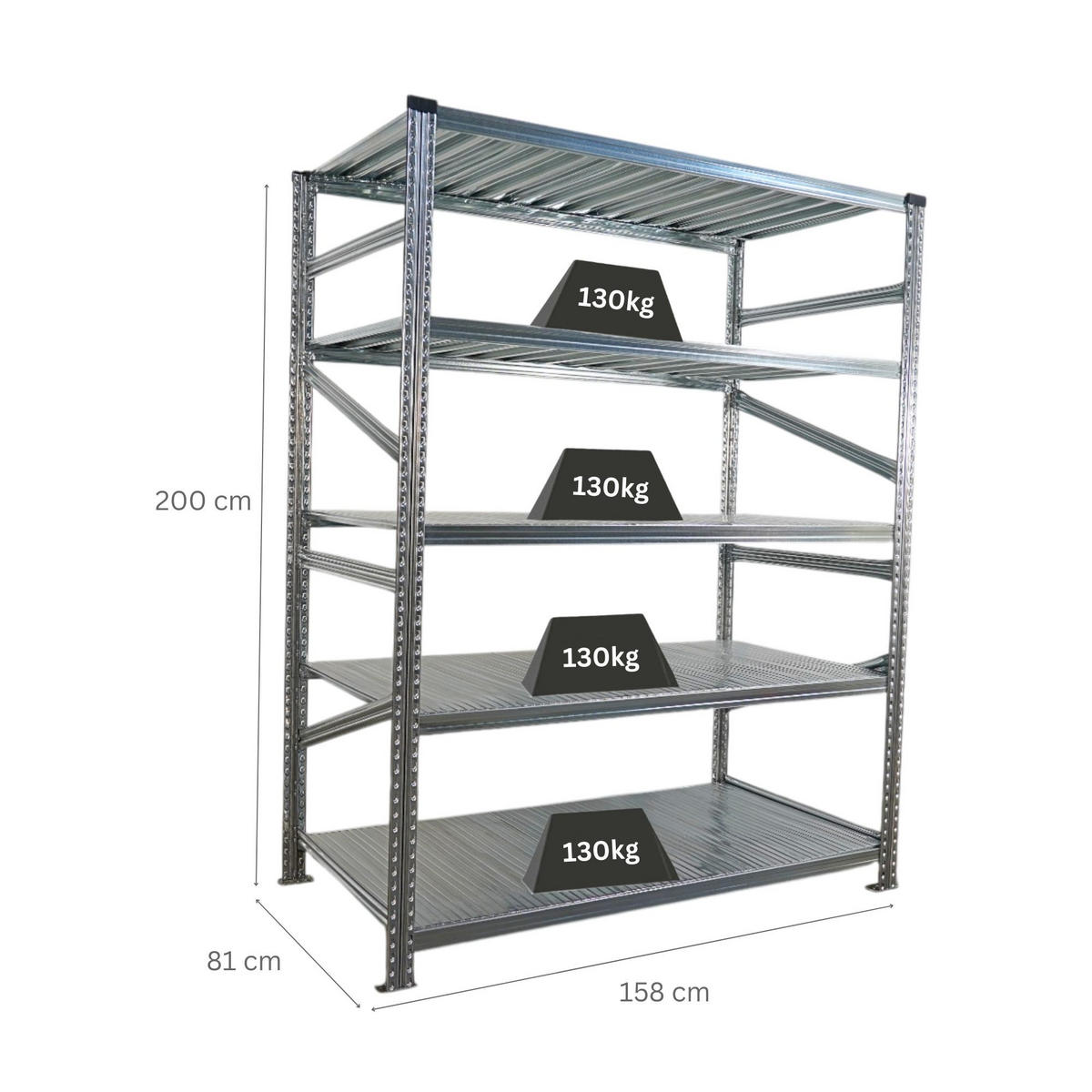 FACHBODENREGAL Proximo Stecksystem 200x150x80cm 5 Ebenen Fachlast 130 kg Beidseitig nutzbar Verzinkt - Silberfarben, Metall (150/200/80cm) - PROREGAL