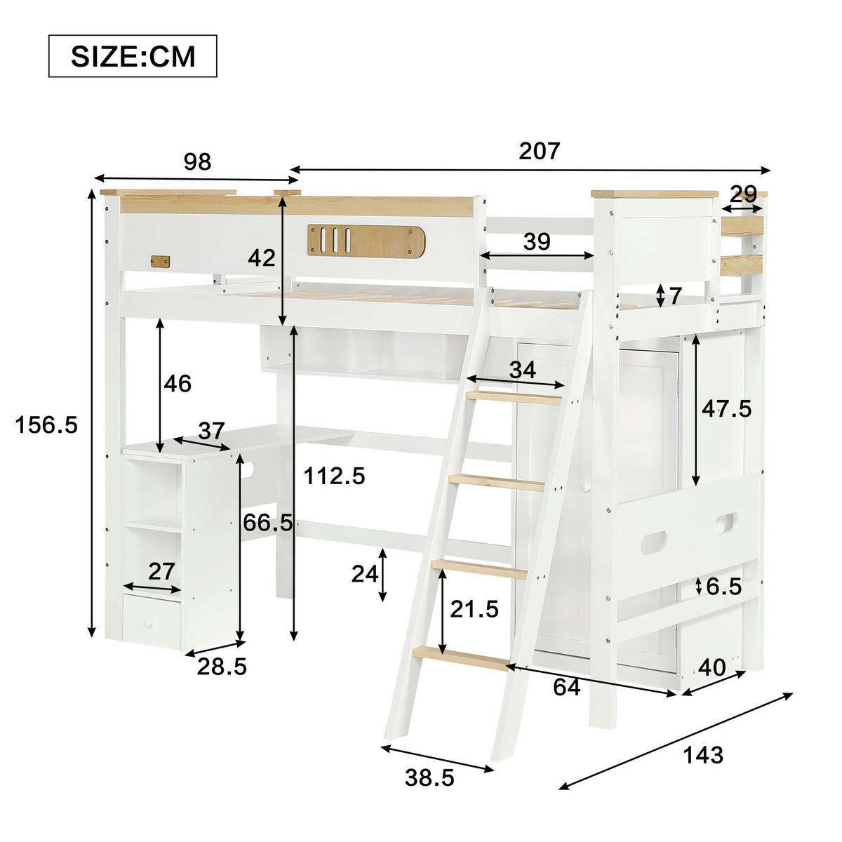 HOCHBETT 90x200 cm mit Tisch, Kleiderschrank, Leiter, Weiß - Weiß, Holz (90/200cm)