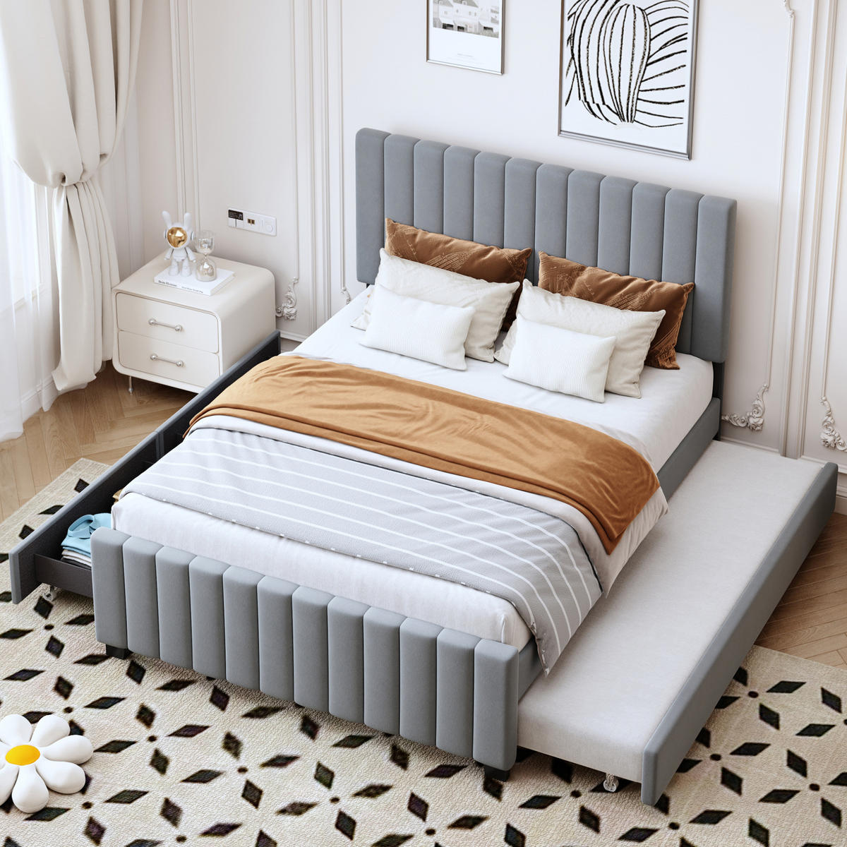 ČALÚNENÁ posteľ z MDF, kovu a zamatovej látky 140x190 cm sivá s výsuvným lôžkom a 2 zásuvkami - sivá, textil (140/190cm) - Modfu