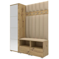 GEPOLSTERT Garderoben-Set Nela II LUX (Spiegel – Farbe Eiche Artisan + Stoff Trinity 04) - Beige/Silberfarben, Holz/Holzwerkstoff (150/187/40cm) - Ravio