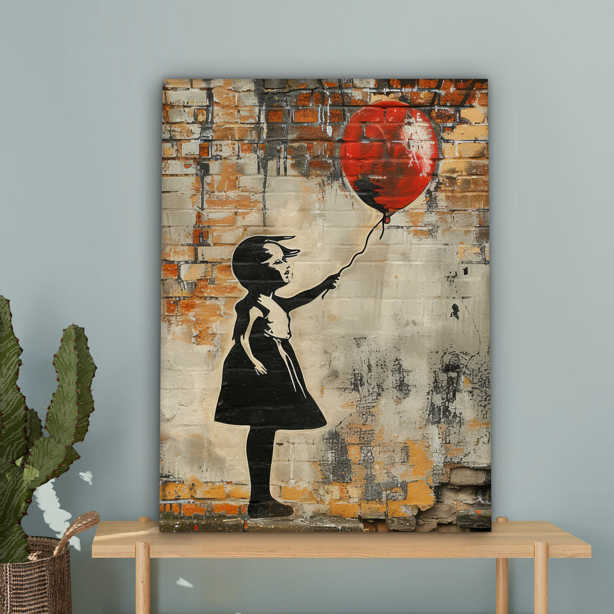 LEINWANDBILD Graffiti - Banksy - Mädchen - Straßenkunst Wandbild Wohnzimmer 60x80 cm - Sandfarben, Textil (60/80cm) - MuchoWow