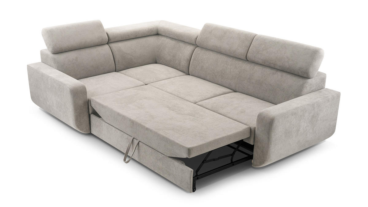 ECKSOFA RENO Beige Plüsch-Stoff mit Schlaffunktion - Beige, Holz (263/184cm) - MASSENO