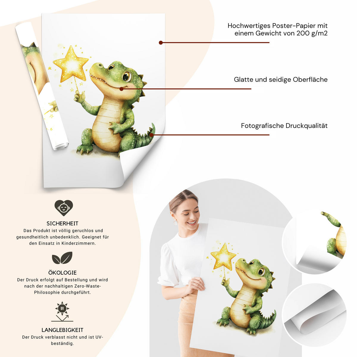 POSTER SET für Kinderzimmer TIERE Sterne Krokodil Delfin Pinguin A4 21x30cm - Gelb/Schwarz, Papier (21/30/1cm) - Muralo