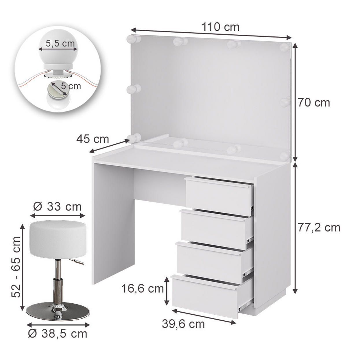 TOALETNÍ STOLEK Viktoria Bílá - bílá, kompozitní dřevo (110/77.2/45cm) - Vicco
