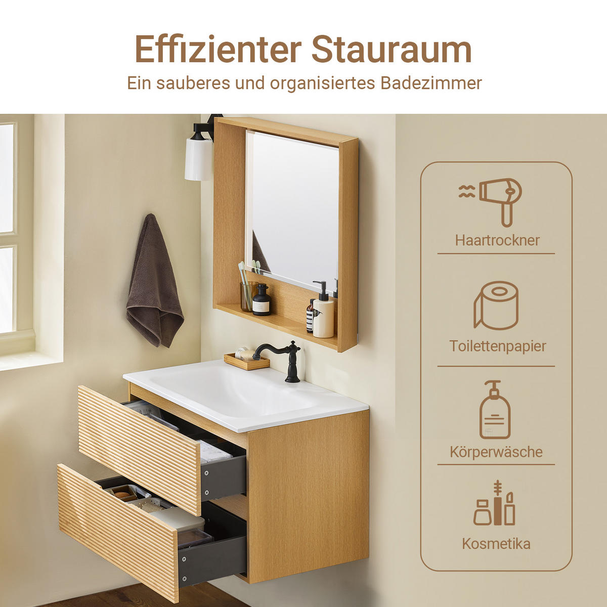 BADMÖBEL-SET Natur - Naturfarben, Glas/Keramik (80/52/50cm) - SoBuy