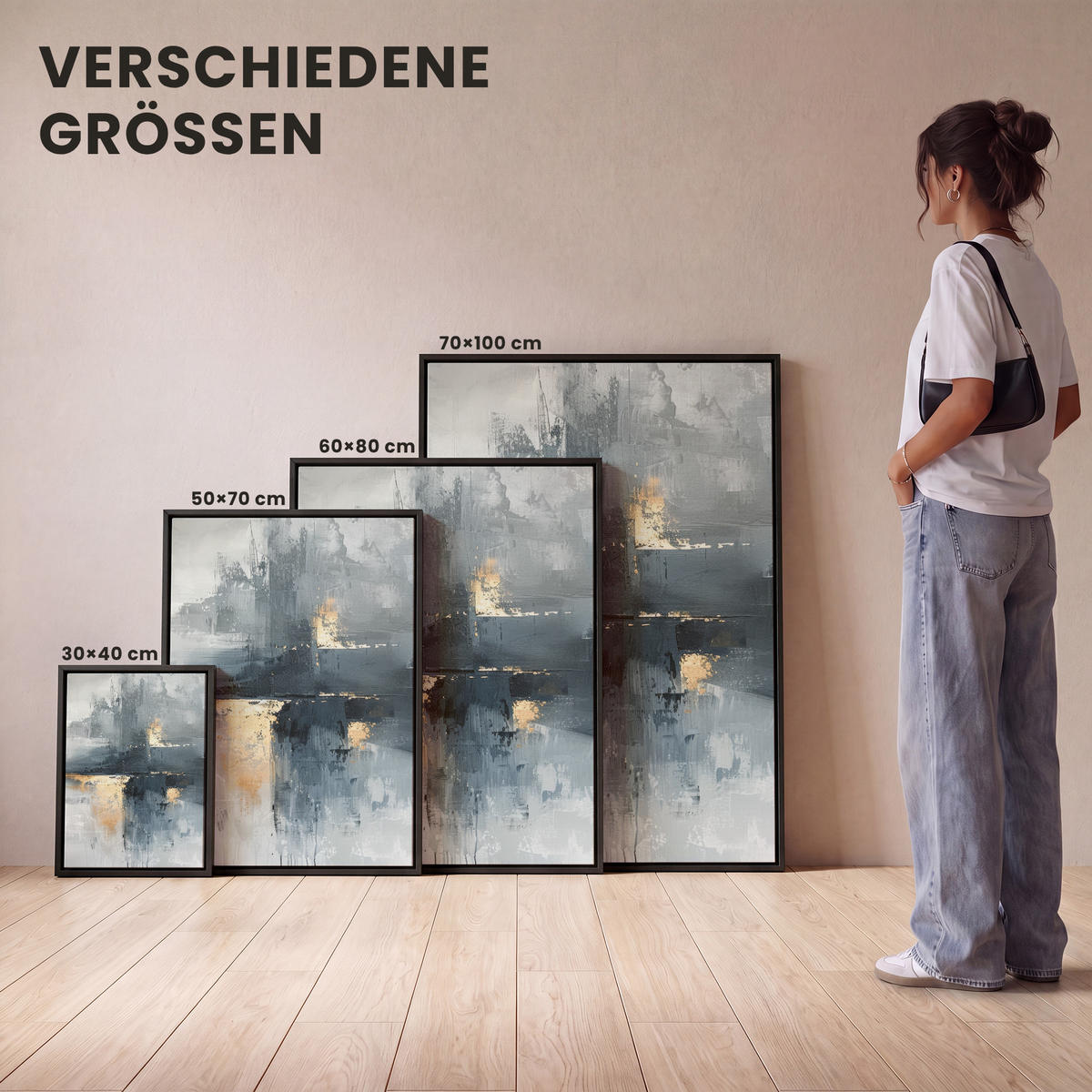 LEINWAND Bilder mit Rahmen - Kunst - Grau - Gold - Abstrakt - 50x70 - Dunkelgrau, Textil (50/70cm) - MuchoWow