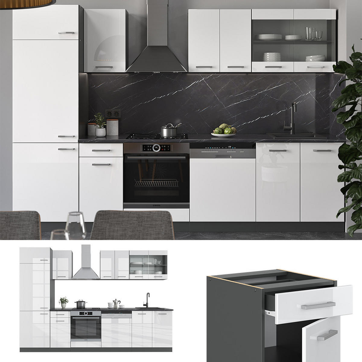 KÜCHENZEILE R-Line Weiß Hochglanz/Anthrazit 300 cm ohne AP - Weiß Hochglanz/Anthrazit, Holzwerkstoff (300/81.6/46cm) - Vicco