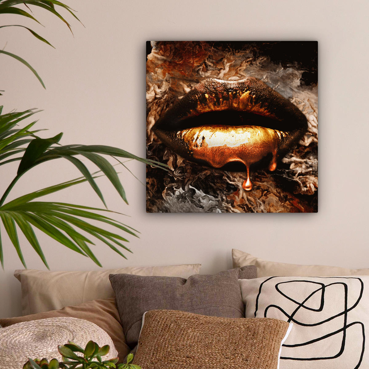 LEINWANDBILD Gold - Lippen - Kunst - Gold - Luxus - Abstrakt Wandbild Wohnzimmer 50x50 cm - Kupferfarben, Textil (50/50cm) - MuchoWow