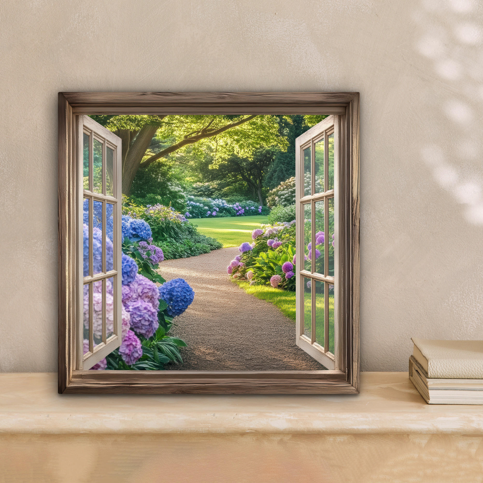 LEINWANDBILD Aussicht - Garten - Fenster - Hortensie - Blumen 20x20 cm - Pastellblau, Textil (20/20cm) - MuchoWow