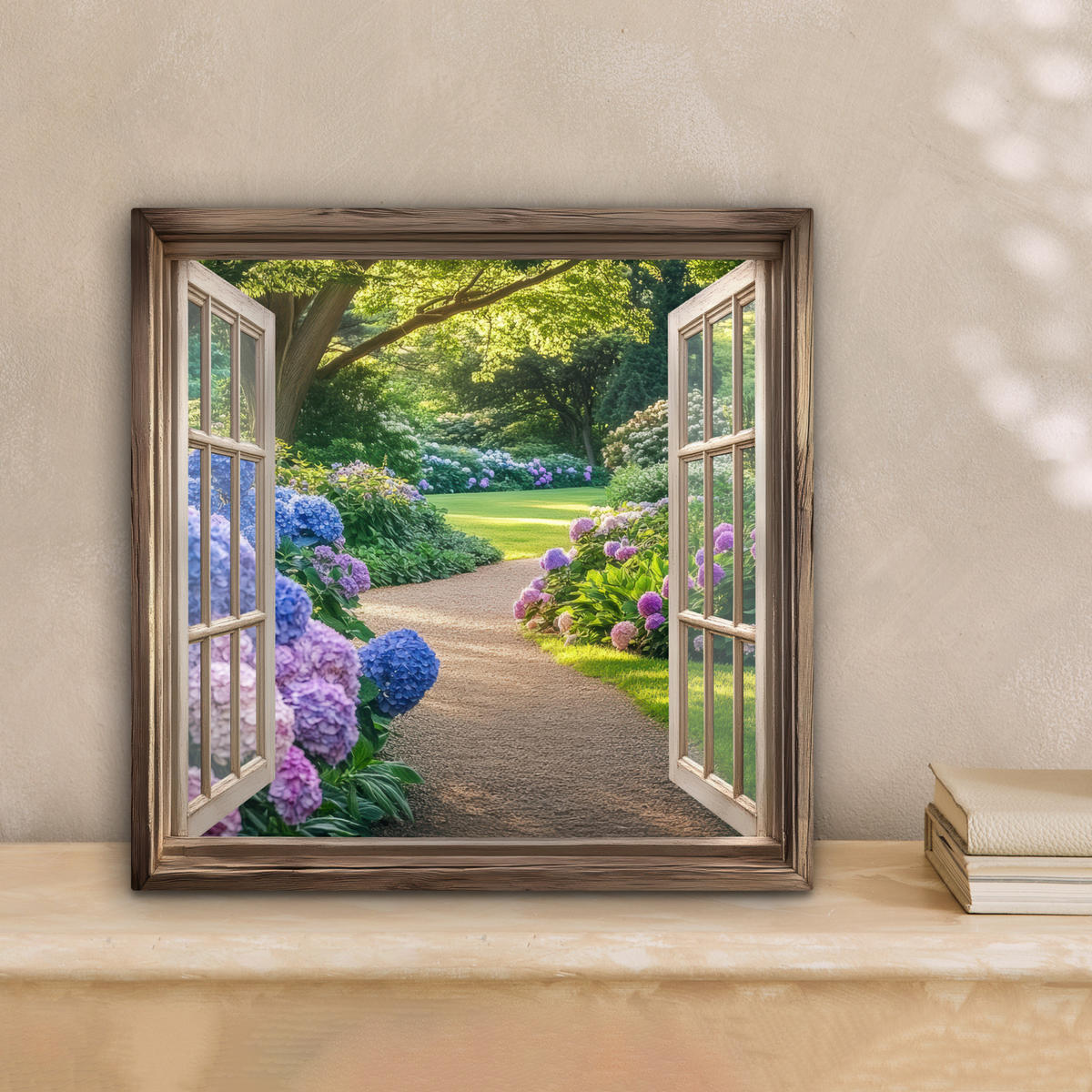 LEINWANDBILD Aussicht - Garten - Fenster - Hortensie - Blumen 20x20 cm - Pastellblau, Textil (20/20cm) - MuchoWow