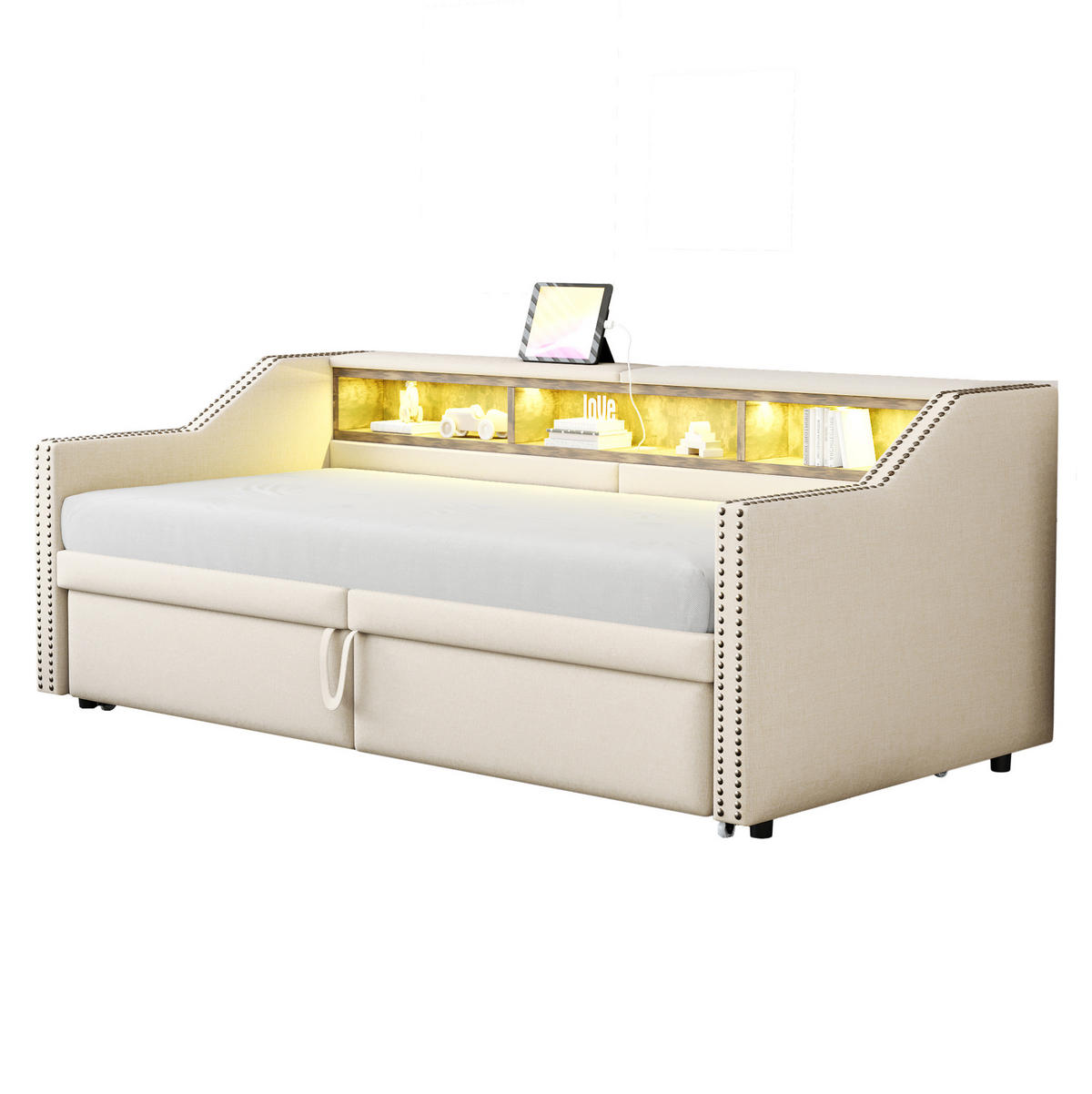 BETT 90/180x200 cm in Beige – ausziehbar, inkl. Lattenrost und USB - Beige, Textil (90/200cm) - BEAOK