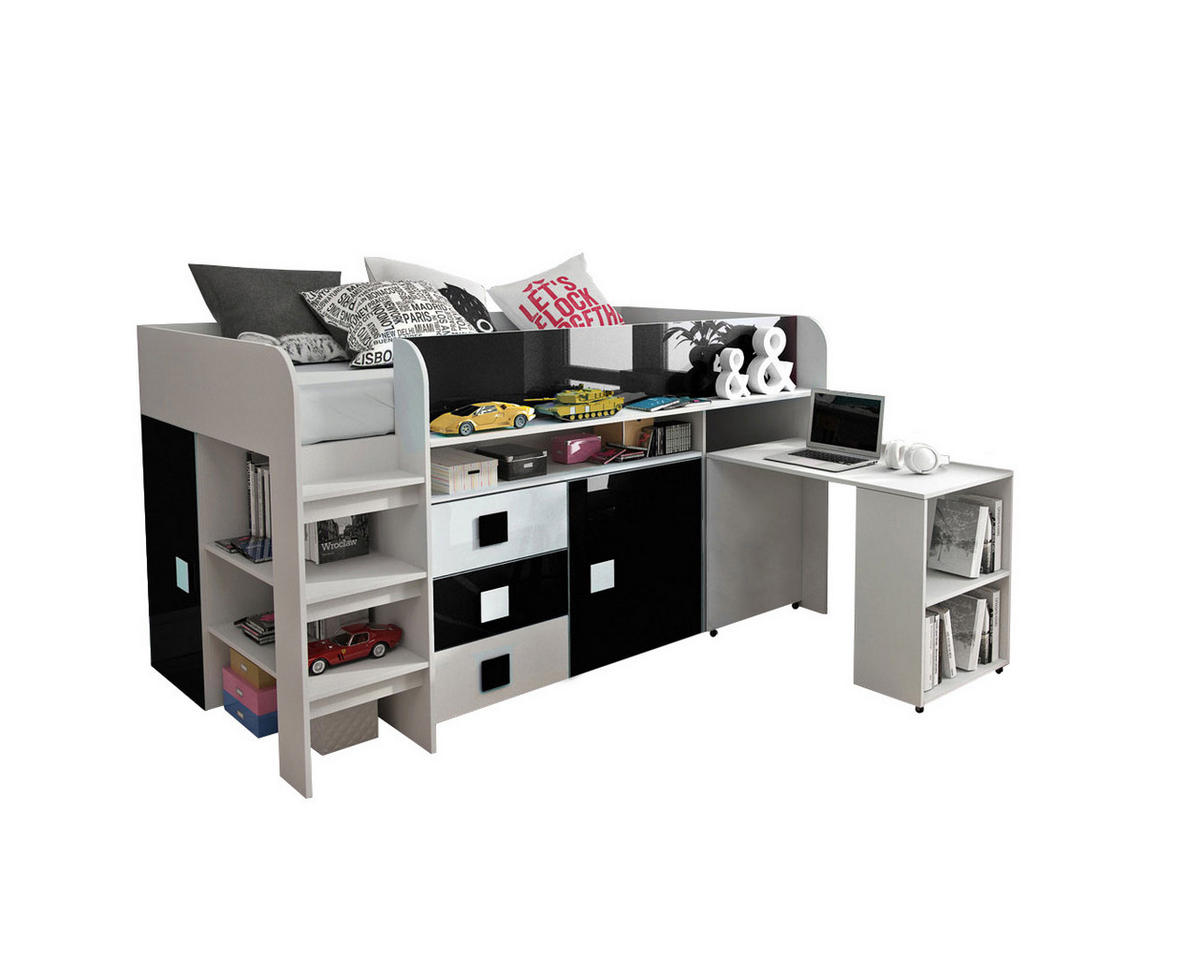 HOCHBETT Toledo weiß / schwarz Hochglanz - Griffe weiß / schwarz 106 / 204 / 125cm - Schwarz Hochglanz/Weiß, Holz/Holzwerkstoff (90/200cm) - Feldmann-Wohnen