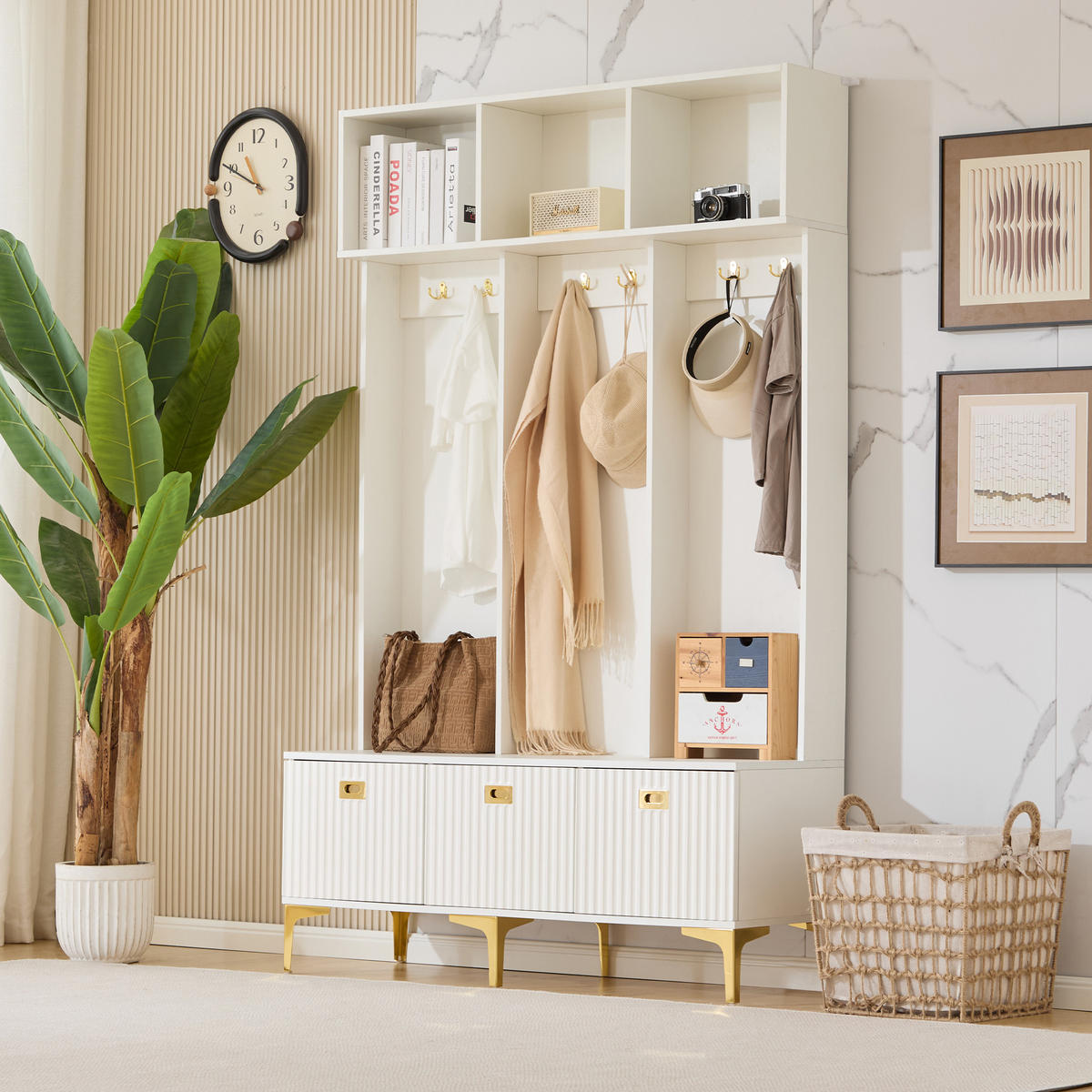 GARDEROBE mit Sitzbank, Spanplatte mit goldfarbenen Details, 120/23,5/191,5 cm, Weiß - Weiß, Holzwerkstoff (40/191/120cm) - Redom