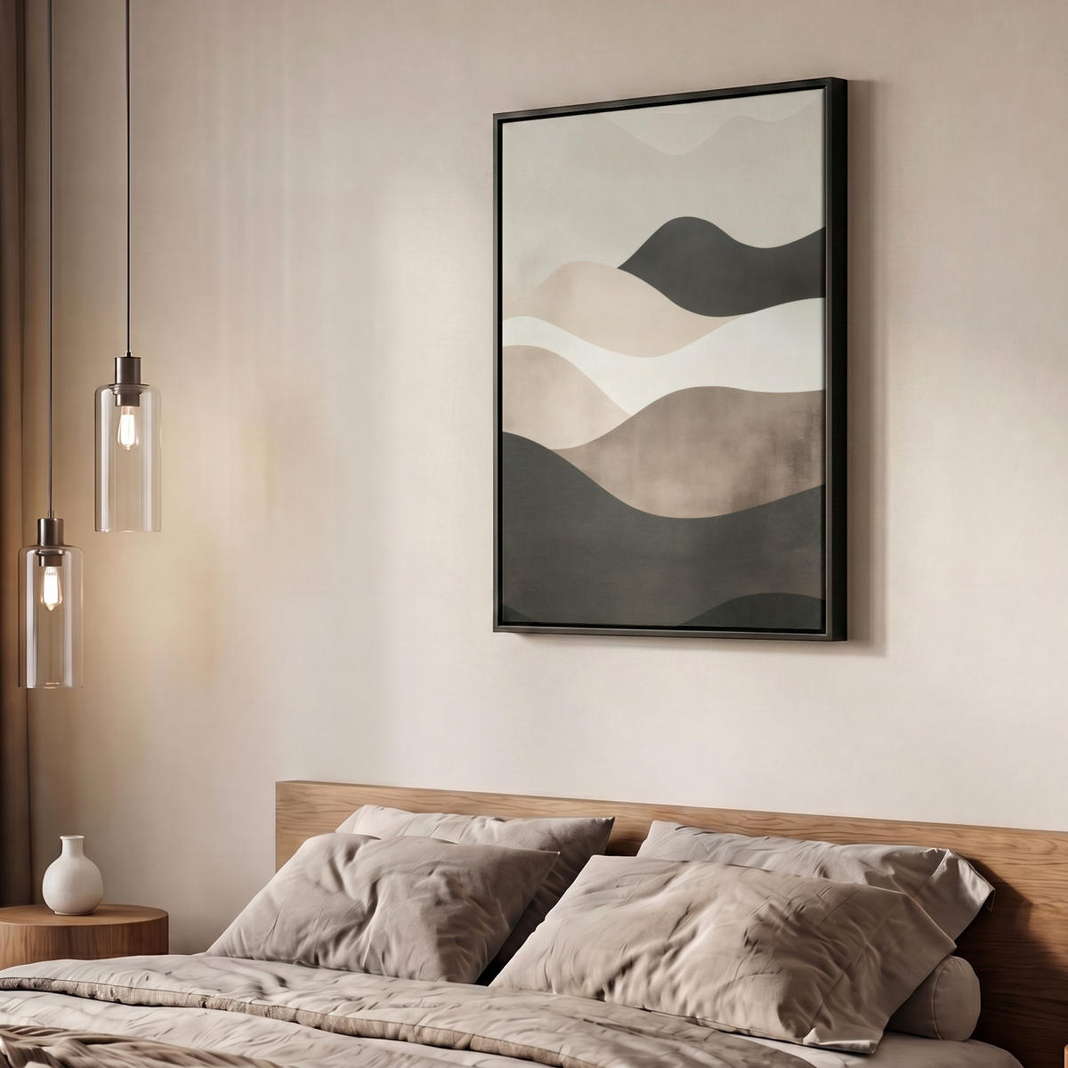 LEINWAND Bilder mit Rahmen - Abstrakt - Landschaft - Wellen - Cremefarben - 60x80 - Cappuccino, Textil (60/80cm) - MuchoWow