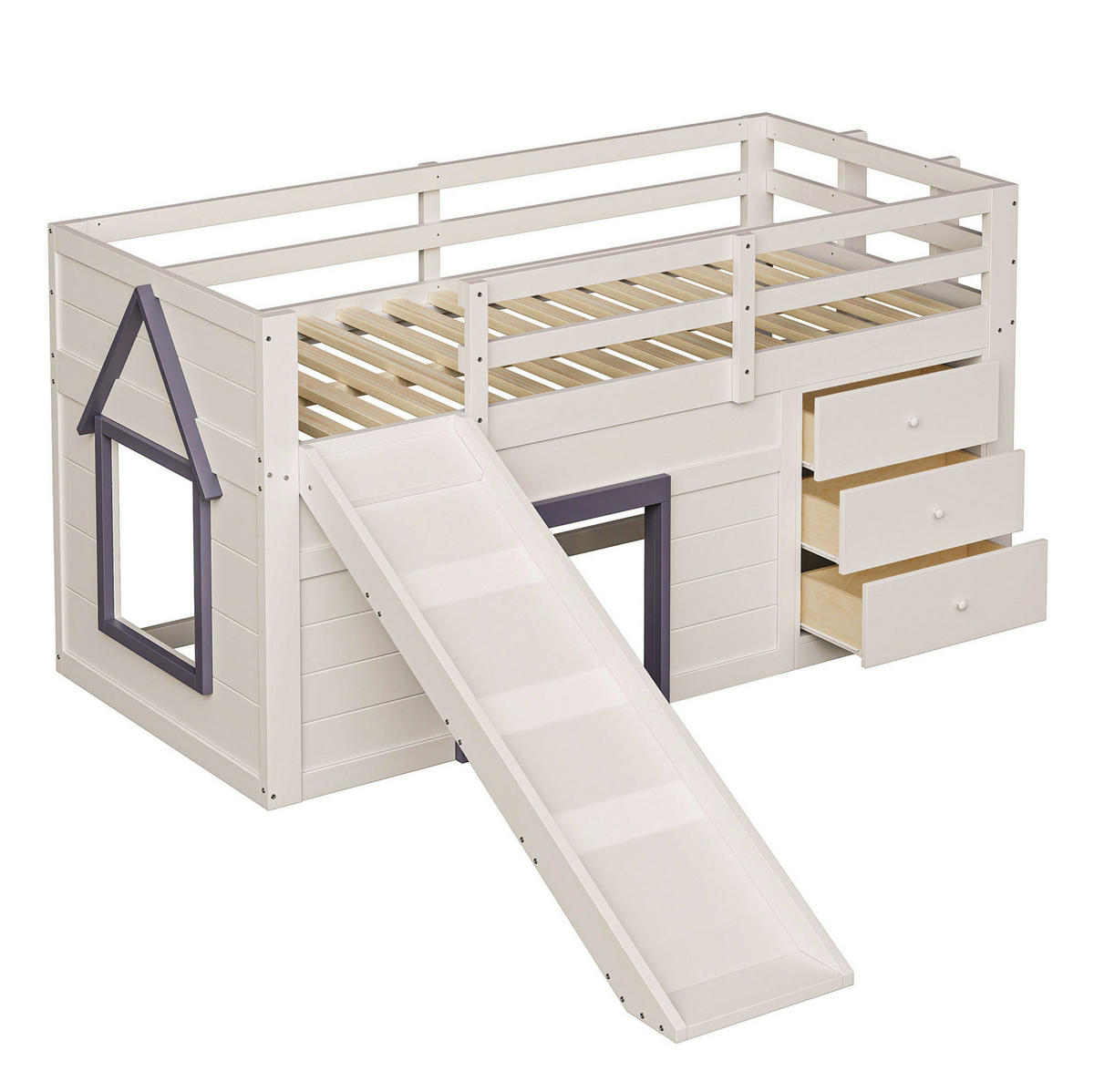 GORNJI krevet od borovine i MDF-a 90x200 cm krem s toboganom, 3 ladice i 2 vrata - bijela, drvni materijal (90/200cm) - Modfu