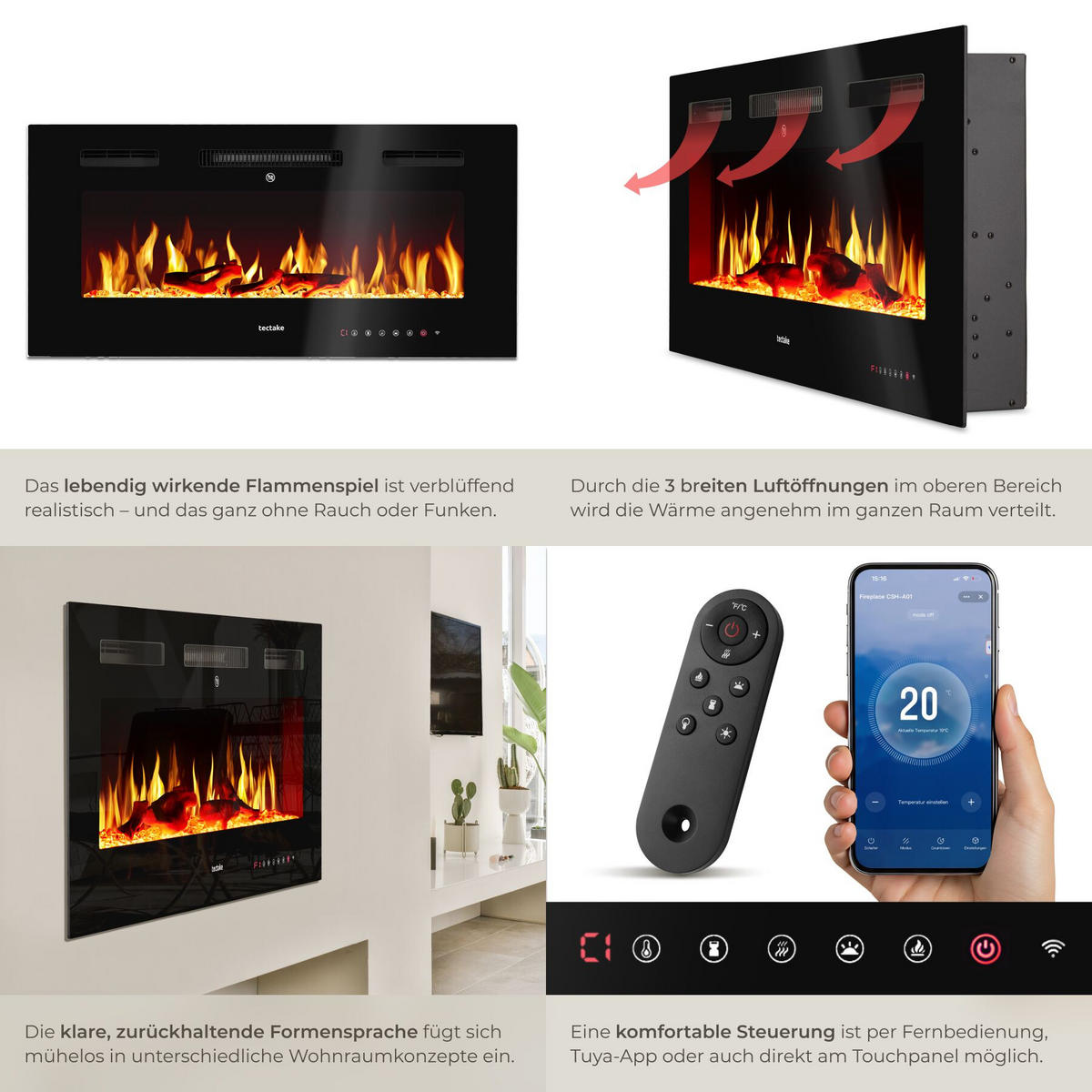 ELEKTRO-WANDKAMIN Luci, mit Fernbedienung und App-Steuerung, integriertes Thermostat, schwarz - Schwarz, Metall (91.5/43/12cm) - tectake