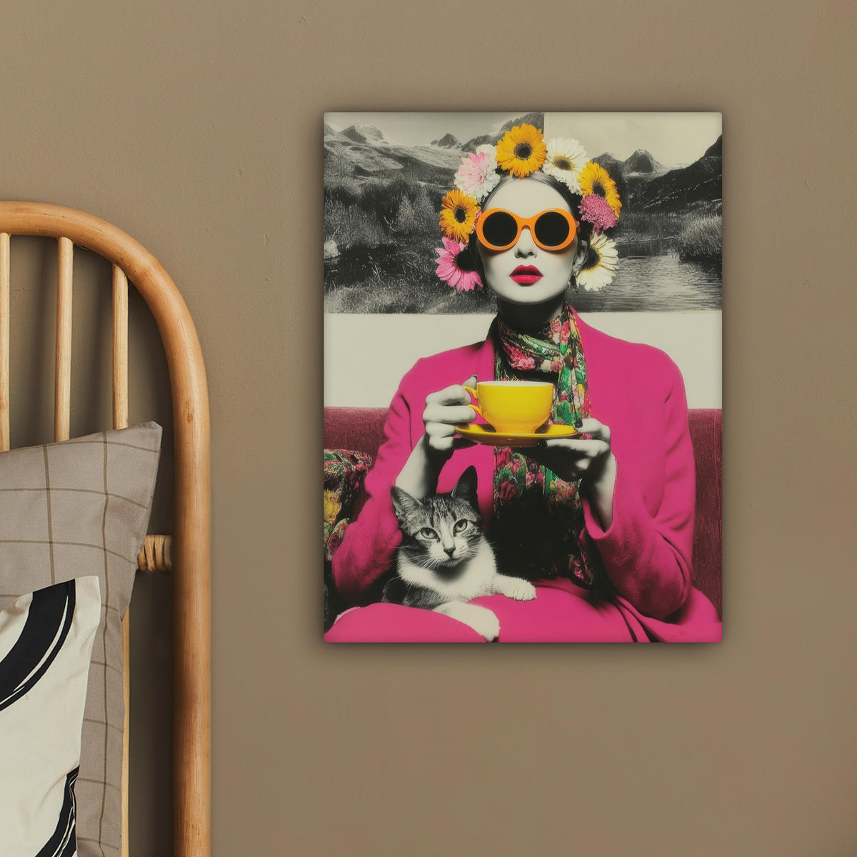 LEINWANDBILD Frau - Katze - Blumen - Tasse - Retro Room Decor 30x40 cm - Magenta, Textil (30/40cm) - MuchoWow