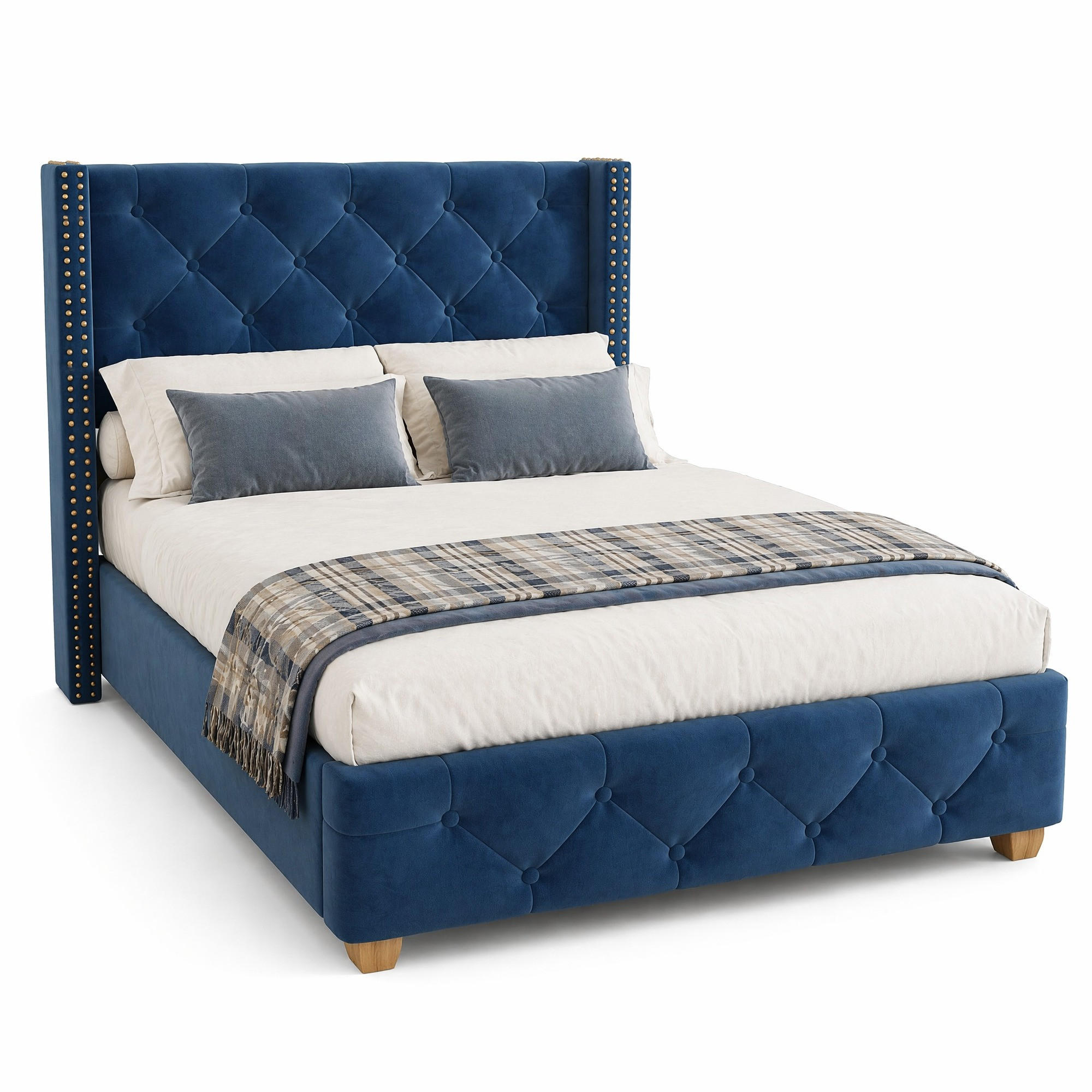 POLSTERBETT 90/200 cm in Blau Samt mit Knopfheftung und Nieten - Blau, Holzwerkstoff/Textil (90/200cm) - CHICFURN