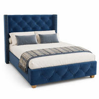 POLSTERBETT 90/200 cm in Blau Samt mit Knopfheftung und Nieten - Blau, Holzwerkstoff/Textil (90/200cm) - CHICFURN
