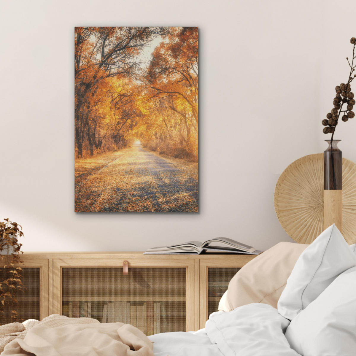 AKUSTIKBILD Wald - Herbst - Bäume - Waldweg - Natur Kunstdruck Schlafzimmer 50x70 cm - Bernsteinfarben, Kunststoff (50/70/0.9cm) - MuchoWow