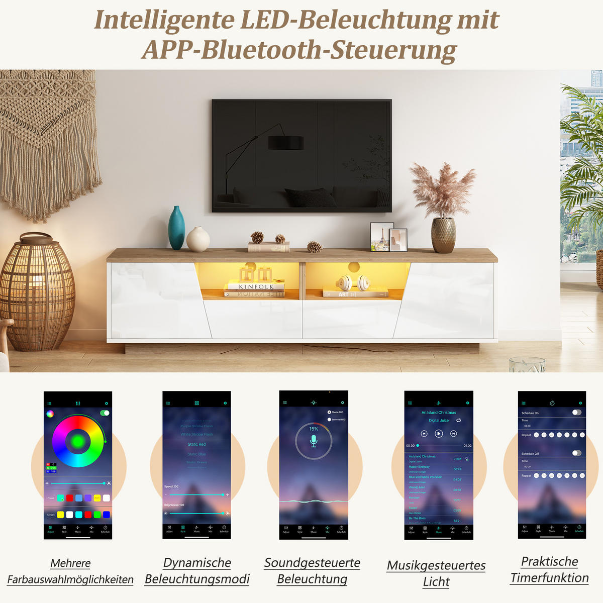 TV-LOWBOARD 180x40x46 cm Weiß Holz LED 2 Schränke 2 Schubladen - Weiß, Holzwerkstoff (40/46/180cm) - FLIEKS