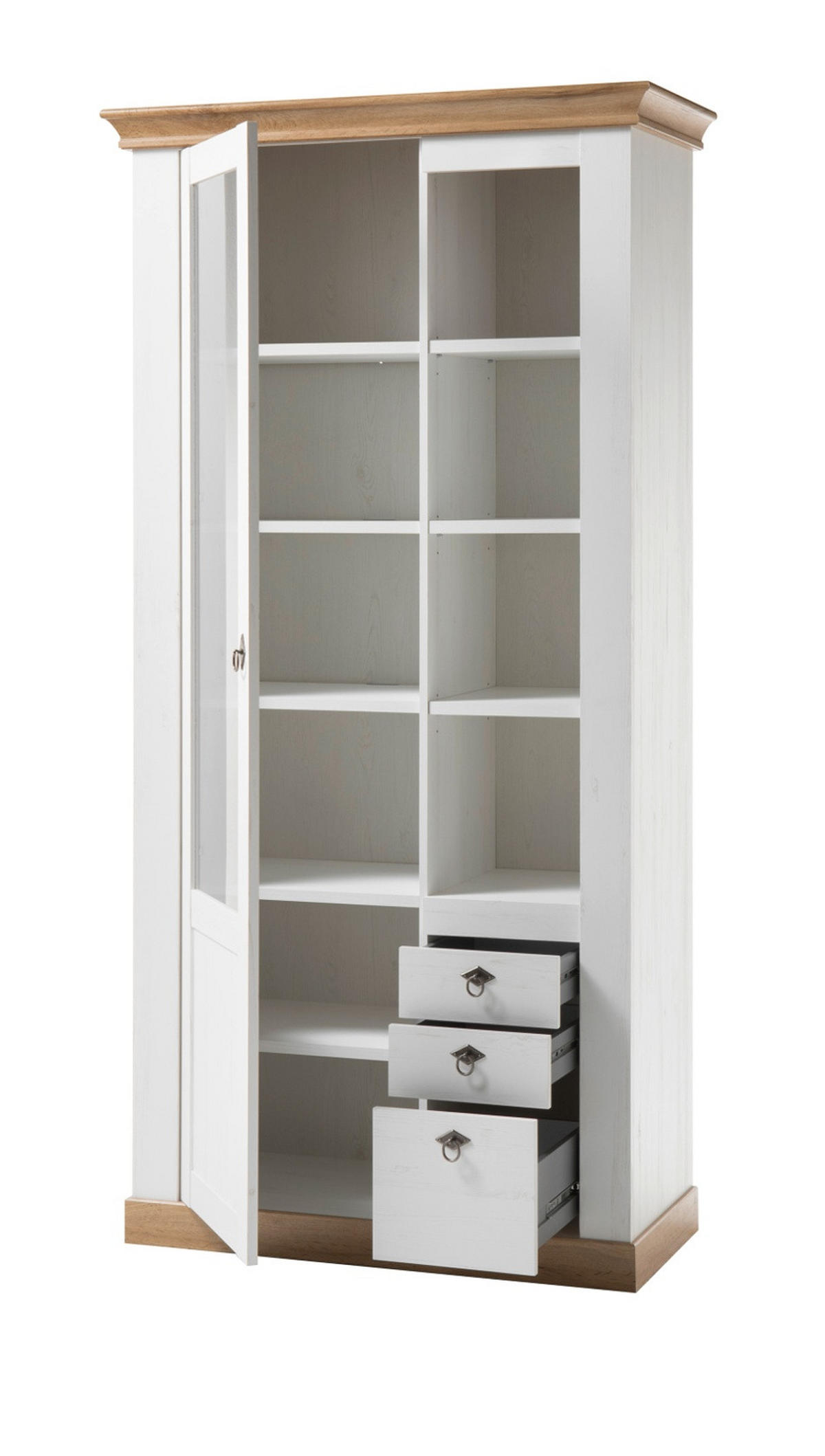 WOHNWAND weiß Pinie, Eiche Wotan 4-teilig 376 cm, Schrankwand mit viel Stauraum - Silberfarben/Eiche Wotan, Glas/Holzwerkstoff (376/204/52cm) - Furn.Design