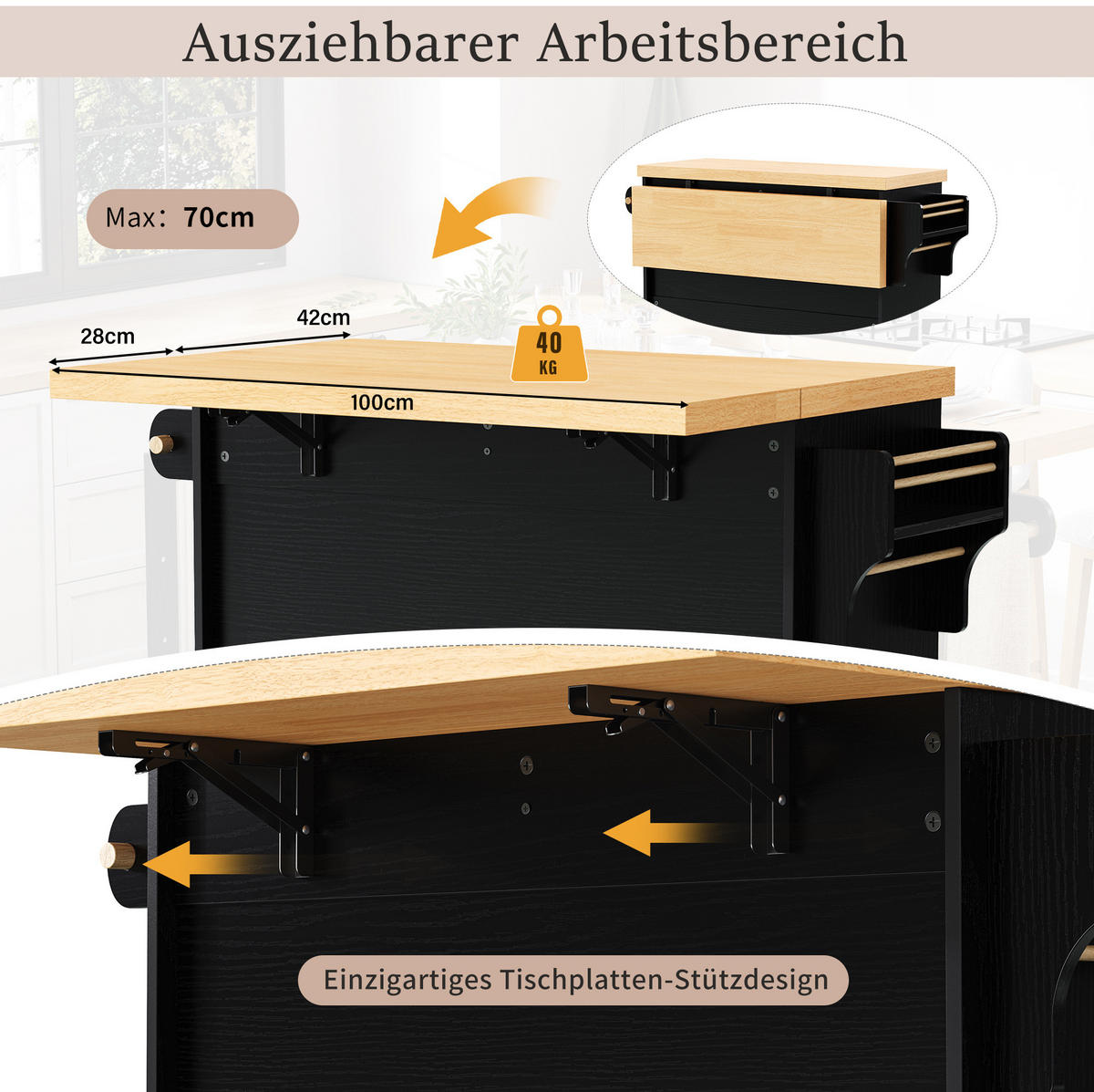 KÜCHENINSEL 100/42-70/91,5 cm mit ausklappbarer Arbeitsplatte, Rollen, Stauraum und Weinglashalter, Schwarz/Natur - Schwarz, Holzwerkstoff (100/91.5/70cm) - Redom