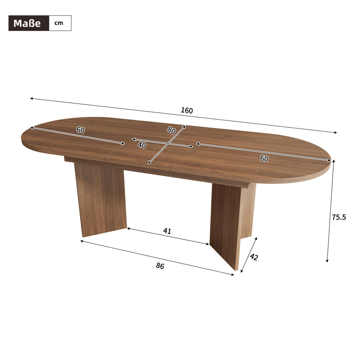 ESSTISCH 160/80/75 cm nussbaumfarben aus MDF mit Ausziehfunktion - Walnussfarben, Holzwerkstoff (160/80/75cm) - OKWISH