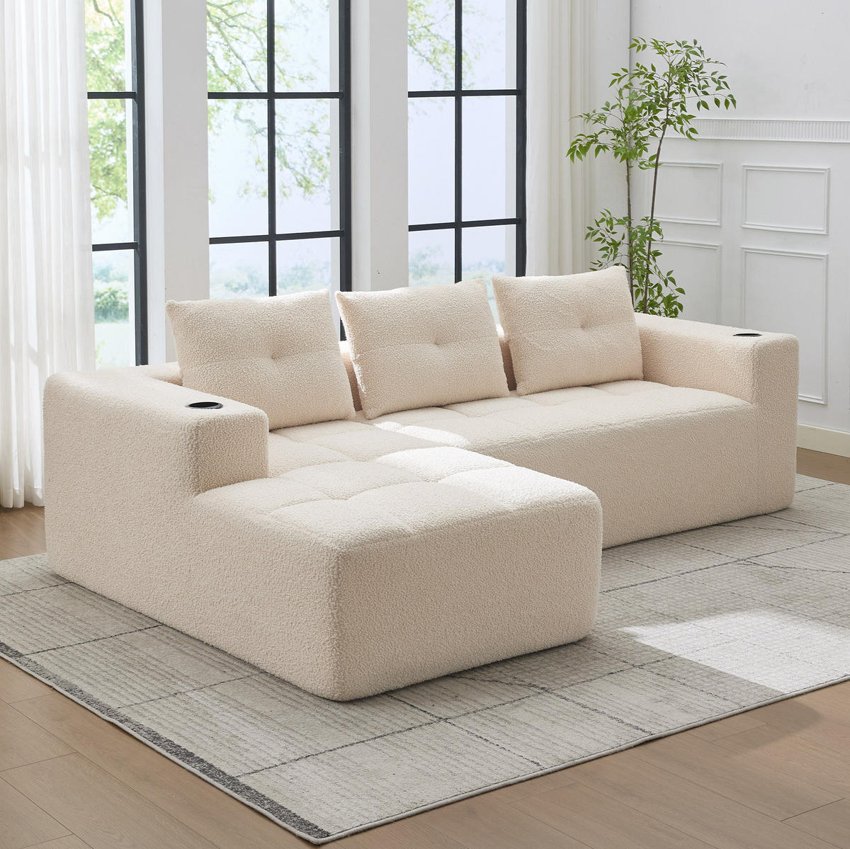 ECKSOFA 258 cm mit Becherhaltern, tiefer Sitzfläche und Polyesterbezug, Beige - Beige, Textil (258/163cm) - Redom
