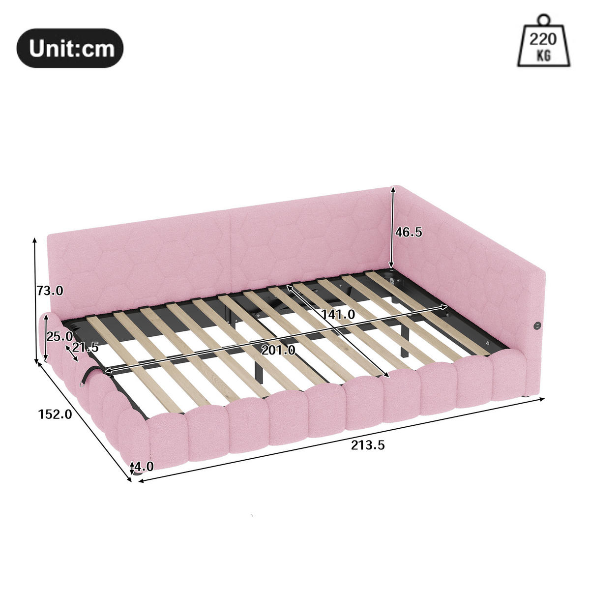 POLSTERBETT 140x200cm mit USB-Anschluss, Typ-C- Rosa - Pink, Holz/Textil (140/200cm) - KOMHTOM