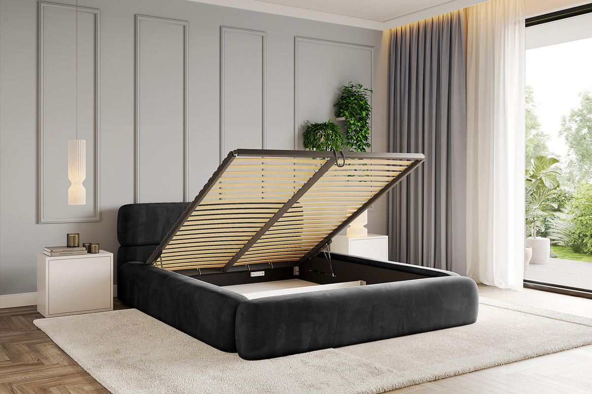 POLSTERBETT mit Bettkasten und Lattenrost, Bett mit Matratze H3/H4 - ENORA-V1 180x200 Schwarz - Schwarz, Holzwerkstoff/Textil (180/200cm) - ALTDECOR