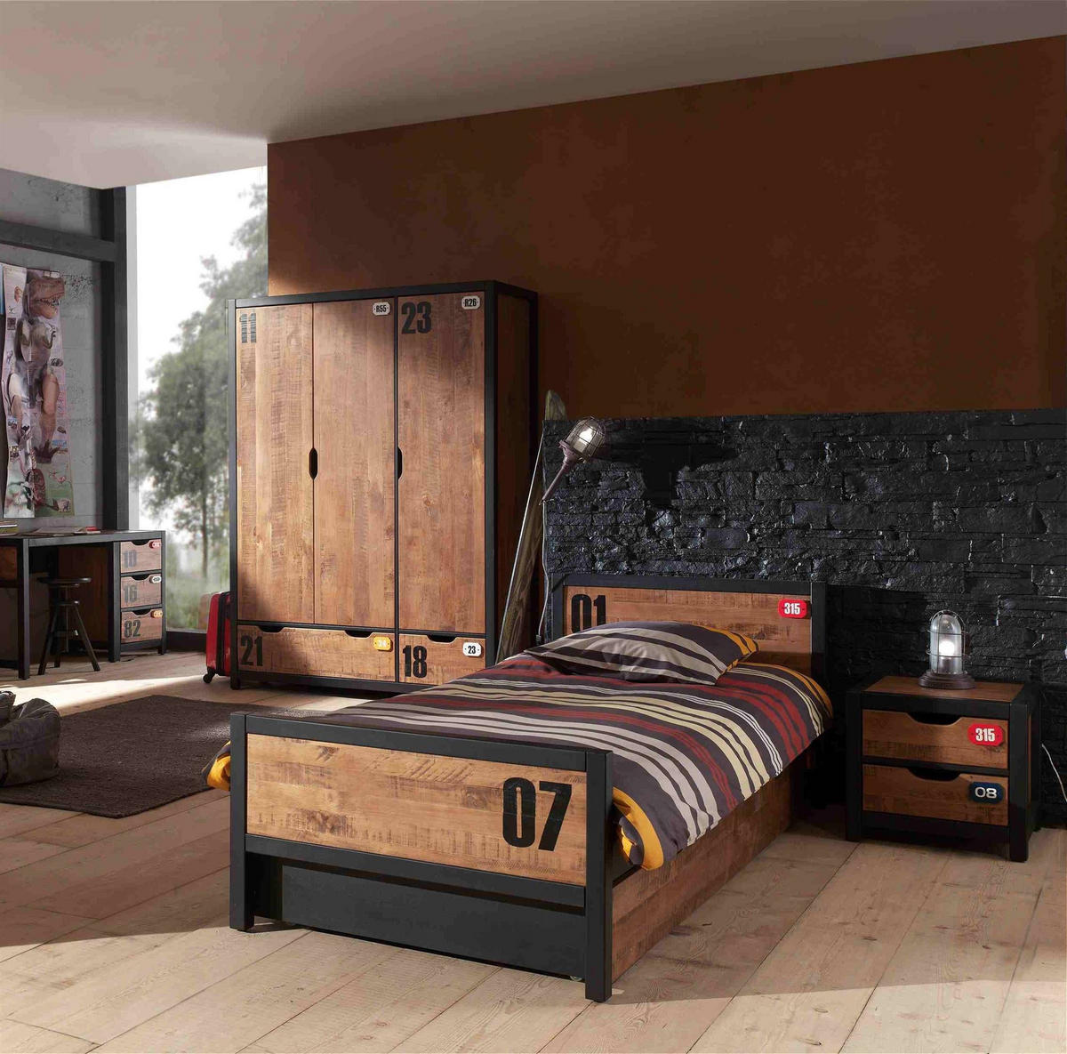KINDERZIMMER Set komplett Kameko 6 Massivholz+MDF Schwarz/Cognac - Cognac/Schwarz, Holz (260/75/160cm) - 58aufmkessel