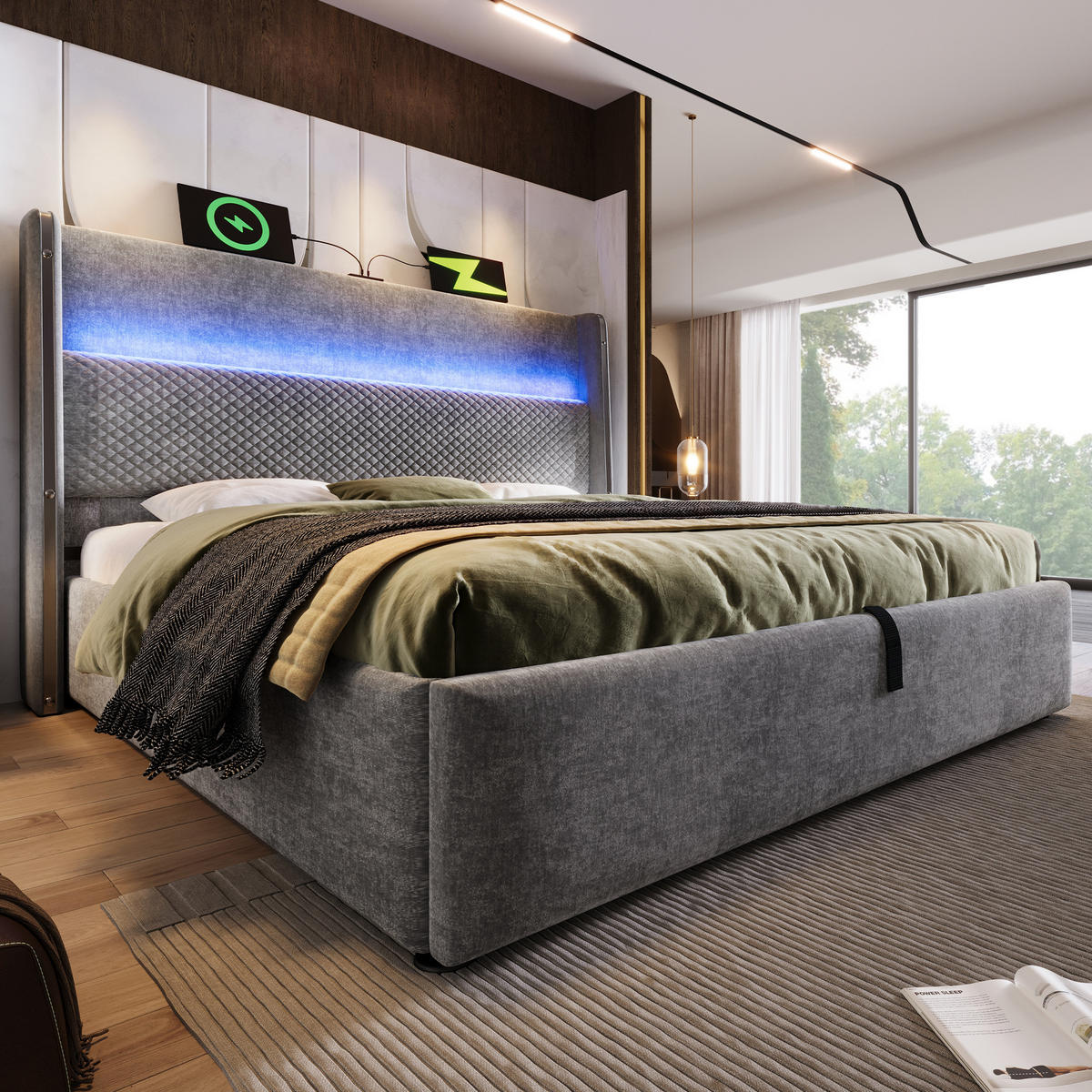 POLSTERBETT 180/200 cm Grau mit hydraulischem Stauraum und LED-Beleuchtung - Grau, Textil (180/200cm) - OKWISH